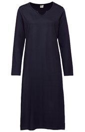 Dunkelblaues langärmeliges Kleid mit Rundhalsausschnitt, schlicht ohne Muster, knielang, gerade geschnitten