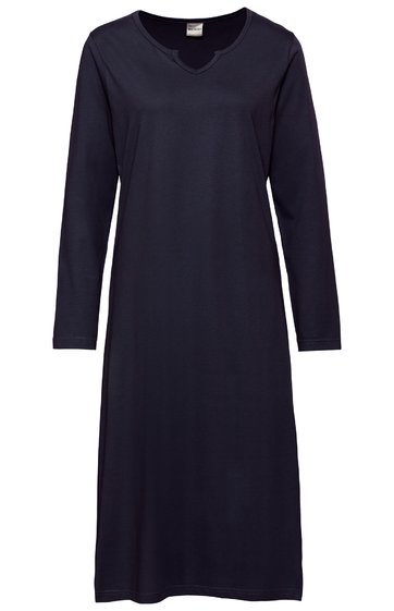 Dunkelblaues langärmeliges Kleid mit Rundhalsausschnitt, schlicht ohne Muster, knielang, gerade geschnitten