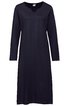 Dunkelblaues langärmeliges Kleid mit Rundhalsausschnitt, schlicht ohne Muster, knielang, gerade geschnitten