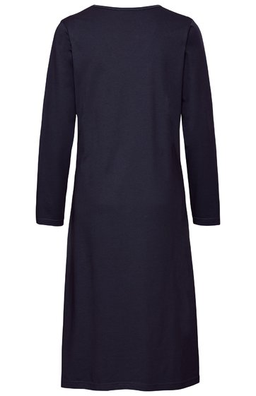 Dunkelblaues, knielanges Kleid mit langen Ärmeln, rundem Ausschnitt, schlicht, gerade geschnitten