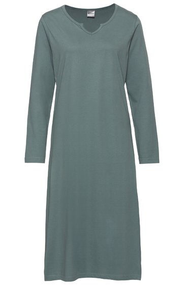 Langärmeliges Nachthemd in gedämpftem Grün, schlicht ohne Muster, V-Ausschnitt, knielang, gerader Schnitt