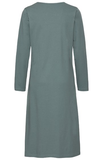 Langärmliges Kleid in graugrün, einfarbig, mit rundem Ausschnitt, knielang, gerade geschnitten