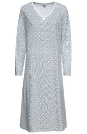 Hellgraues Nachthemd mit weißen kleinen Punkten, V-Ausschnitt mit weißem Besatz, lange Ärmel, knielang, gerade geschnitten
