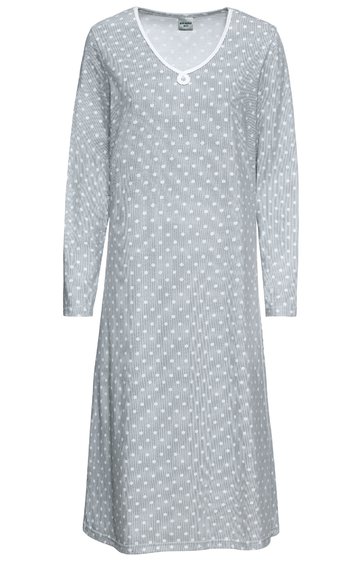 Hellgraues Nachthemd mit weißen kleinen Punkten, V-Ausschnitt mit weißem Besatz, lange Ärmel, knielang, gerade geschnitten