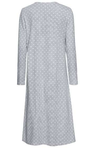Hellgraues Nachthemd mit weißen Punkten, langärmlig, knielang, weiter Schnitt, Rückenansicht