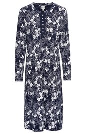 Dunkelblaues Midikleid mit weißem floralen Muster, langer Ärmel, Rundhalsausschnitt mit Knopfleiste, lockere Form, durchgehendes Blumendesign