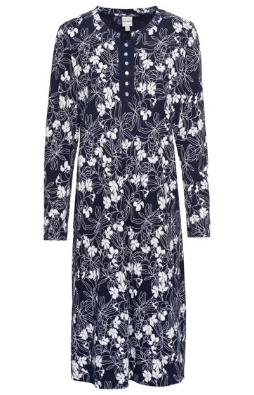 Dunkelblaues Midikleid mit weißem floralen Muster, langer Ärmel, Rundhalsausschnitt mit Knopfleiste, lockere Form, durchgehendes Blumendesign