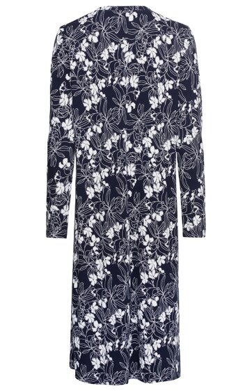 Dunkelblaues Midikleid mit weißem Blumenmuster, langärmlig, Rundhalsausschnitt, gerade geschnitten