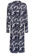 Dunkelblaues Midikleid mit weißem Blumenmuster, langärmlig, Rundhalsausschnitt, gerade geschnitten