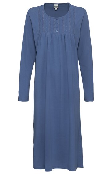 Langes Nachthemd in mittlerem Blau, unifarben, lange Ärmel, Rundhals mit Knopfleiste, leichte Falten unterhalb der Brust, gerade geschnitten