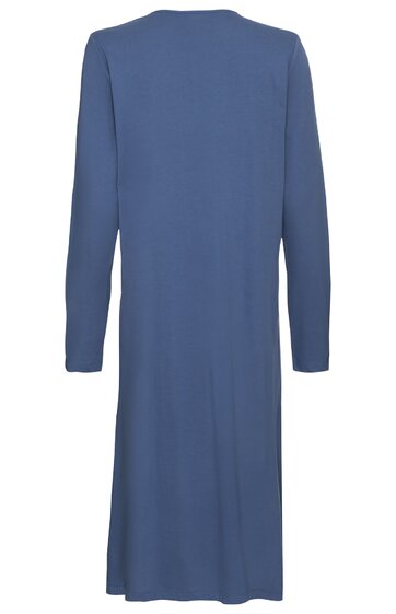 Blaues langärmliges Kleid, schlicht, Rückansicht, knielang, rundhalsausschnitt, gerade geschnitten