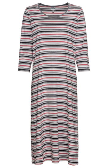 Langärmliges Kleid in Grau mit schwarzen, weißen und roten horizontalen Streifen, Rundhalsausschnitt, knöchellang, gerade geschnitten