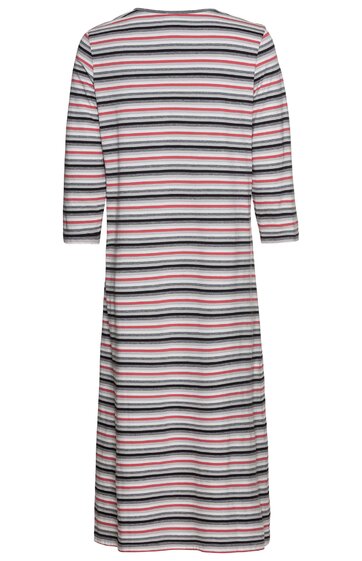 Knielanges Kleid mit 3/4-Ärmeln, horizontal gestreift in Weiß, Dunkelblau, Hellgrau und Rot, rundem Ausschnitt, gerade geschnitten