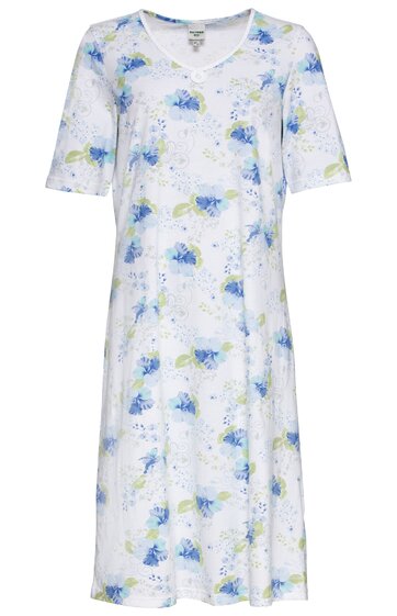 Weißes Nachthemd mit hellblauem und gelbem Blumenmuster, V-Ausschnitt, halblange Ärmel, knielang, lockere Form