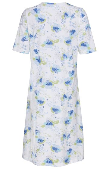 Weißes Kleid mit blau-gelben Blumendruck, kurzärmlig, Rundhalsausschnitt, knieumspielende Länge, lockere Passform