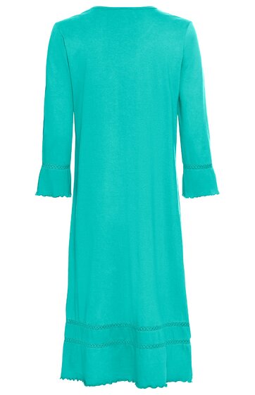 Türkisfarbenes langes Kleid ohne Muster, lange Ärmel mit kleinen Volants, Rundhalsausschnitt, gerade geschnitten, leicht ausgestellter Saum mit zwei Stoffstreifen und Spitzenabschluss