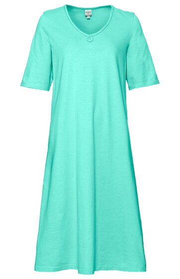 Türkisfarbenes kurzärmliges Kleid ohne Muster, V-Ausschnitt, locker geschnitten, knielang, schlichtes Design