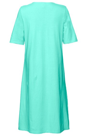 Locker sitzendes Kleid in helltürkis, kurzärmlig, rundhals, knielang, gerade geschnitten, ohne Muster, Rückansicht
