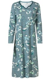 Blaugrünes langärmliges Kleid mit weißen und hellgrünen Blumen, schwarzer Rundhalsausschnitt mit kleinem V-Einschnitt, knielang, locker geschnitten