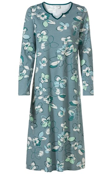 Blaugrünes langärmliges Kleid mit weißen und hellgrünen Blumen, schwarzer Rundhalsausschnitt mit kleinem V-Einschnitt, knielang, locker geschnitten