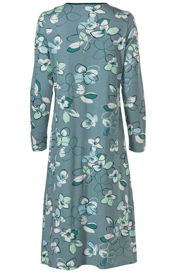 Knielanges, langärmeliges Kleid in grünblau mit weißem und hellgrünem Blumenmuster, Rundhalsausschnitt, lockere Passform