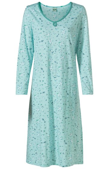 Hellblaues Nachthemd mit kleinen dunklen Punkten, V-Ausschnitt mit grünem Bündchen, lange Ärmel, knielang, lockere Form