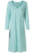 Hellblaues Nachthemd mit kleinen dunklen Punkten, V-Ausschnitt mit grünem Bündchen, lange Ärmel, knielang, lockere Form