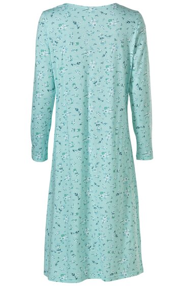 Hellblaues Nachthemd mit dunklen kleinen Blumendrucken, langärmlig, knielang, rundem Halsausschnitt, lockere Passform