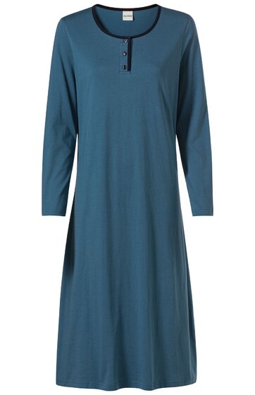 Damenkleid blau, einfarbig, Rundhalsausschnitt mit Knopfleiste, lange Ärmel, gerade geschnitten