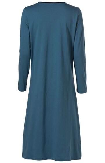 Langärmeliges, knielanges Kleid in blau, schlicht ohne Muster, Rundhalsausschnitt, gerade geschnitten