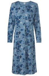 Blaues Nachthemd mit dunkelblauem Blumenmuster, Rundhalsausschnitt mit Knopfleiste, lange Ärmel, knielang, lockere Form