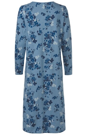 Hellblaues, knielanges Kleid mit dunkel- und mittelblauen Blumenmustern, Rundhalsausschnitt, lange Ärmel, gerade geschnitten