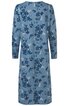 Hellblaues, knielanges Kleid mit dunkel- und mittelblauen Blumenmustern, Rundhalsausschnitt, lange Ärmel, gerade geschnitten