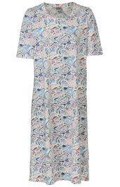 Knielanges Kleid in hellgrau mit blauem und rosa Paisley-Muster, Rundhalsausschnitt, kurze Ärmel, gerade geschnitten