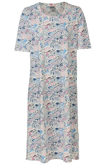 Knielanges Kleid in hellgrau mit blauem und rosa Paisley-Muster, Rundhalsausschnitt, kurze Ärmel, gerade geschnitten