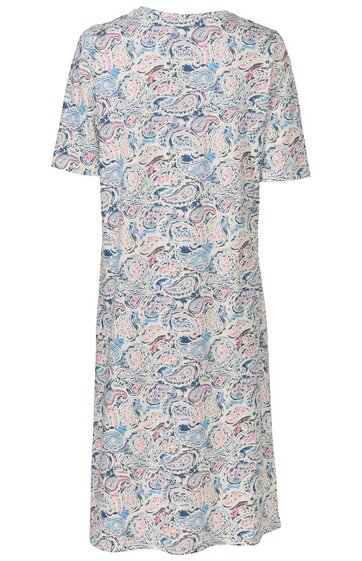 Knielanges Kleid in hellbeige mit floralem Paisley-Muster in Blau und Rosa, Rundhalsausschnitt, kurze Ärmel, gerade geschnitten