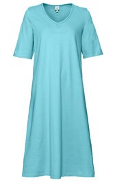 Hellblaues Kleid, einfarbig, V-Ausschnitt, kurze Ärmel, knielang, gerade geschnitten