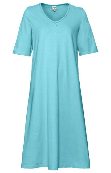 Hellblaues Kleid, einfarbig, V-Ausschnitt, kurze Ärmel, knielang, gerade geschnitten