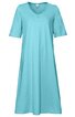 Hellblaues Kleid, einfarbig, V-Ausschnitt, kurze Ärmel, knielang, gerade geschnitten