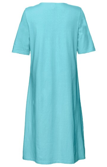 Hellblaues, knielanges Kleid mit kurzen Ärmeln, Rundhalsausschnitt, glatter Stoff, gerade geschnitten, Rückansicht