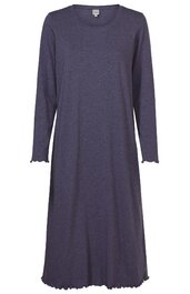 Dunkellila Nachthemd, unifarben, langärmlig, Rundhalsausschnitt, gewellte Ärmel- und Saumkante, knielang, lockere Passform