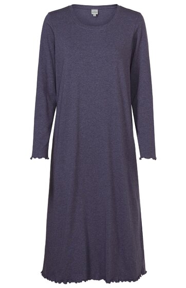 Dunkellila Nachthemd, unifarben, langärmlig, Rundhalsausschnitt, gewellte Ärmel- und Saumkante, knielang, lockere Passform