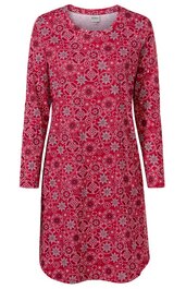 Rotes Nachthemd mit weißen und grauen kreisförmigen Mustern, langer Ärmel, runder Halsausschnitt, knielang, gerade geschnitten