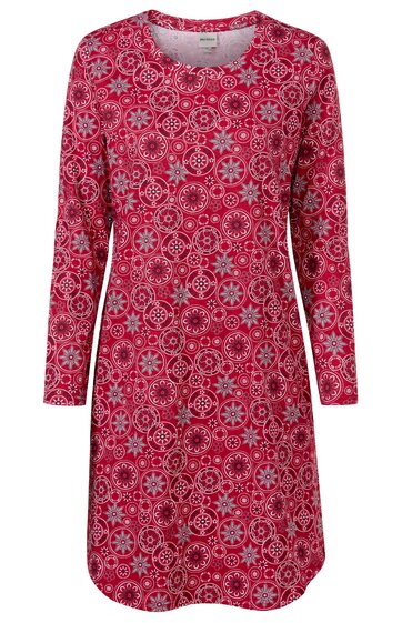 Rotes Nachthemd mit weißen und grauen kreisförmigen Mustern, langer Ärmel, runder Halsausschnitt, knielang, gerade geschnitten