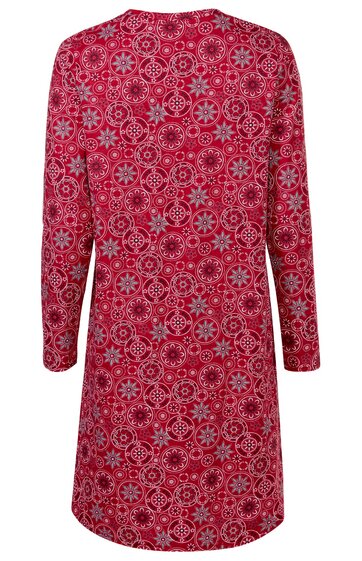 Rotes Langarmkleid mit weißem und rotem Kreis- und Sternenmuster, rundem Ausschnitt, gerade geschnitten, knielang, ohne sichtbare Verschlüsse, Rückansicht