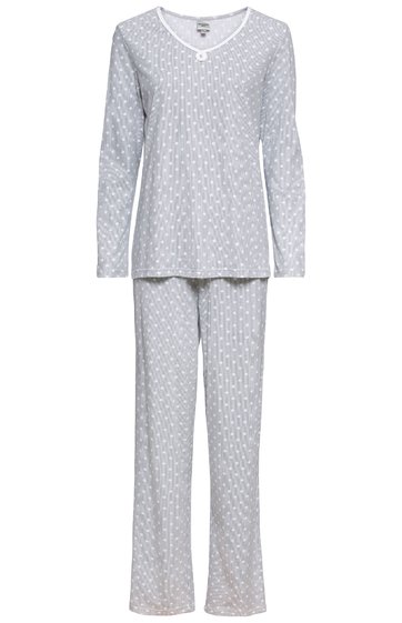 Zweiteiliger Schlafanzug in Hellgrau mit weißen Punkten, langärmliges Oberteil mit V-Ausschnitt, gerade geschnittene Hose ohne sichtbare Verschlüsse