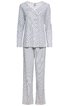 Zweiteiliger Schlafanzug in Hellgrau mit weißen Punkten, langärmliges Oberteil mit V-Ausschnitt, gerade geschnittene Hose ohne sichtbare Verschlüsse