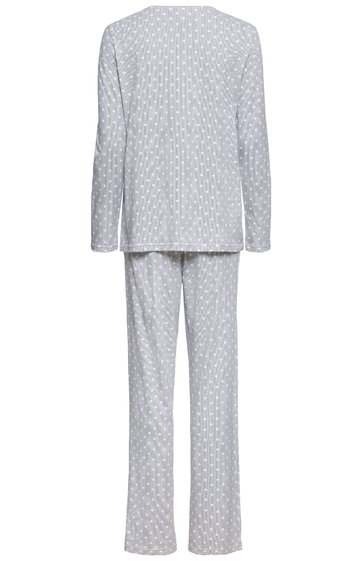 Zweiteiliger grauer Pyjama mit weißen Punkten, langer Ärmel und lange Hose, gerade geschnitten, Rückansicht ohne sichtbare Verschlüsse oder Verzierungen