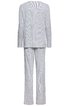 Zweiteiliger grauer Pyjama mit weißen Punkten, langer Ärmel und lange Hose, gerade geschnitten, Rückansicht ohne sichtbare Verschlüsse oder Verzierungen