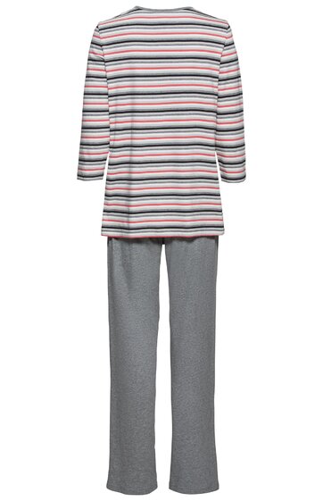 Zweiteiliger Schlafanzug mit langärmligem Oberteil und langer Hose, Oberteil weiß mit horizontalen Streifen in Rot und Dunkelblau, Rundhalsausschnitt, Hose einfarbig grau, locker geschnitten, Rückenansicht